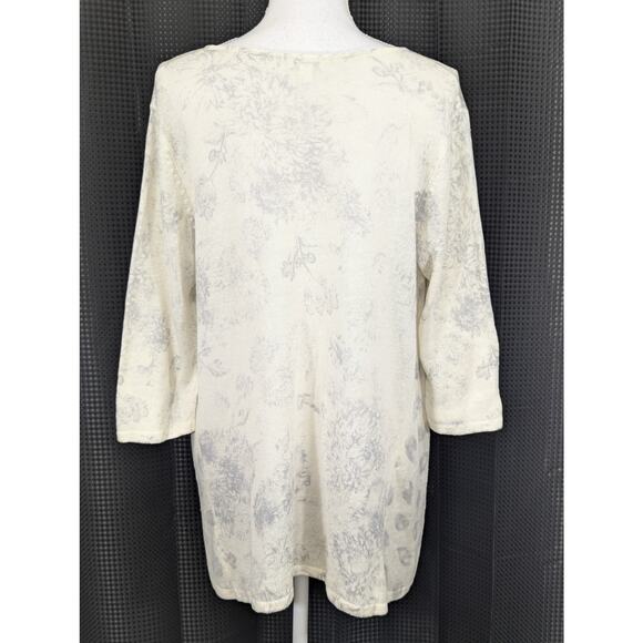 J. JILL! FINE LINEN! FLORAL CREAM, GRAY LIGHTWEIGHT KNIT, V-NECK SWEATER! SZ M - Picture 8 of 9